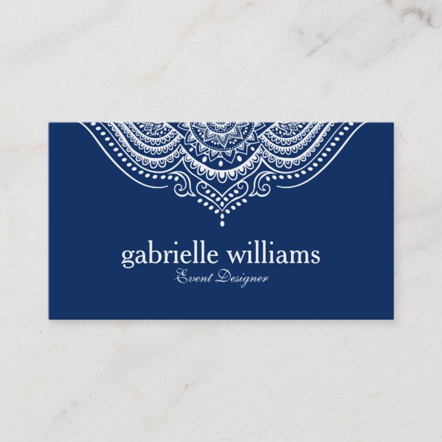 Elegant Ornate White & Blue Geometric Design Business Card (Front)