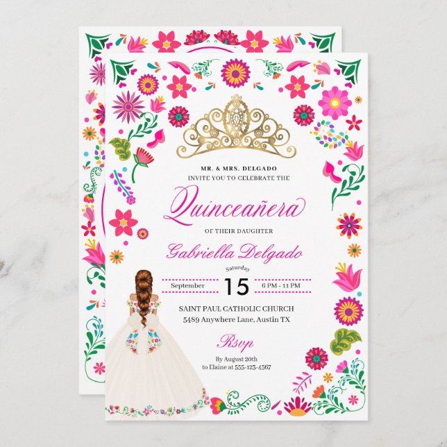 Elegant Otomi Embroidery Quinceañera Invitation (Front/Back)