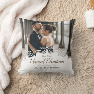 Elegant Our 1st Married Christmas One Photo Cushion