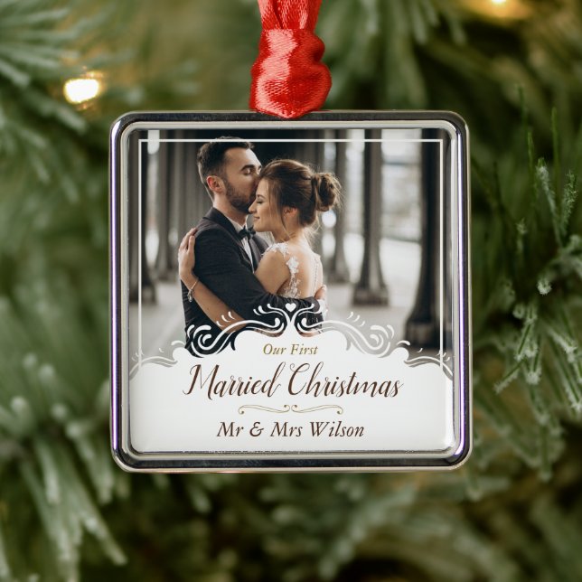Elegant Our 1st Married Christmas One Photo Metal Ornament (Tree)