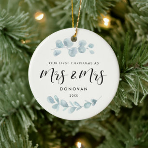 Elegant Our First Christmas as Mrs & Mrs greenery Ceramic Ornament
