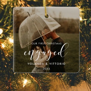 Elegant Our First Christmas engaged couple photo Ceramic Ornament