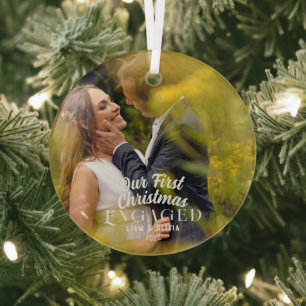 Elegant Our First Christmas Engaged Couple Photo Glass Tree Decoration