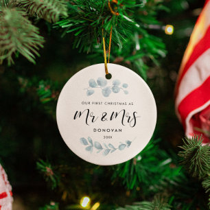 Elegant Our First Christmas greenery wedding photo Ceramic Ornament