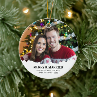 Elegant Our First Christmas Merry & Married Photo  Ceramic Ornament