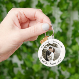 Elegant Our First Christmas wedding photo Key Ring