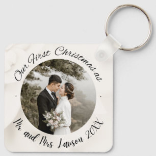 Elegant Our First Christmas wedding photo Key Ring