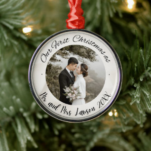 Elegant Our First Christmas wedding photo Metal Ornament