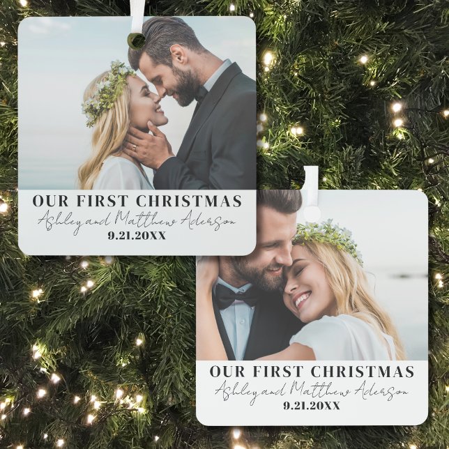 Elegant Our First Christmas Wedding Photo Metal Tree Decoration (Simple First Christmas Married Photo Metal Ornament)