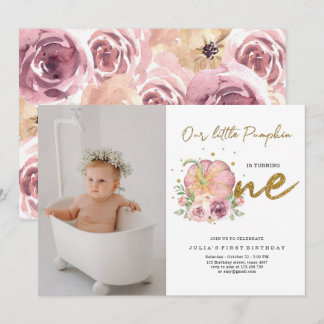 Elegant Our Little Pumpkin First Birthday Photo Invitation