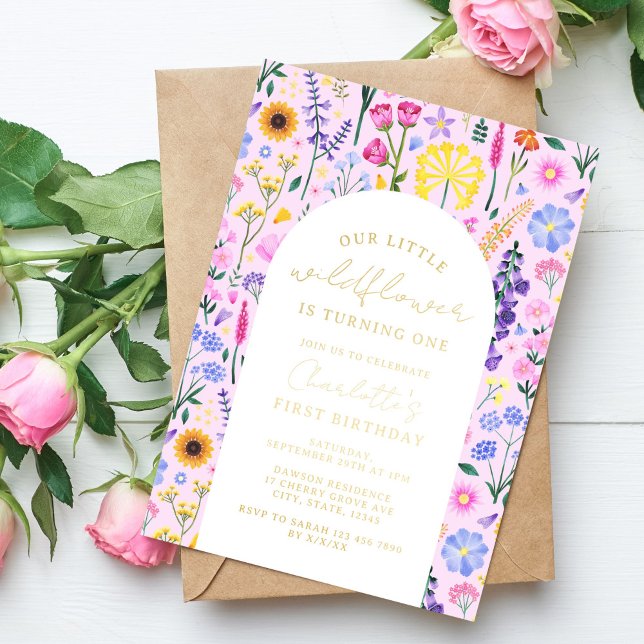 Elegant Our Little Wildflower Girls First Birthday (Spring Wildflower Girl's Birthday Foil Invitation)