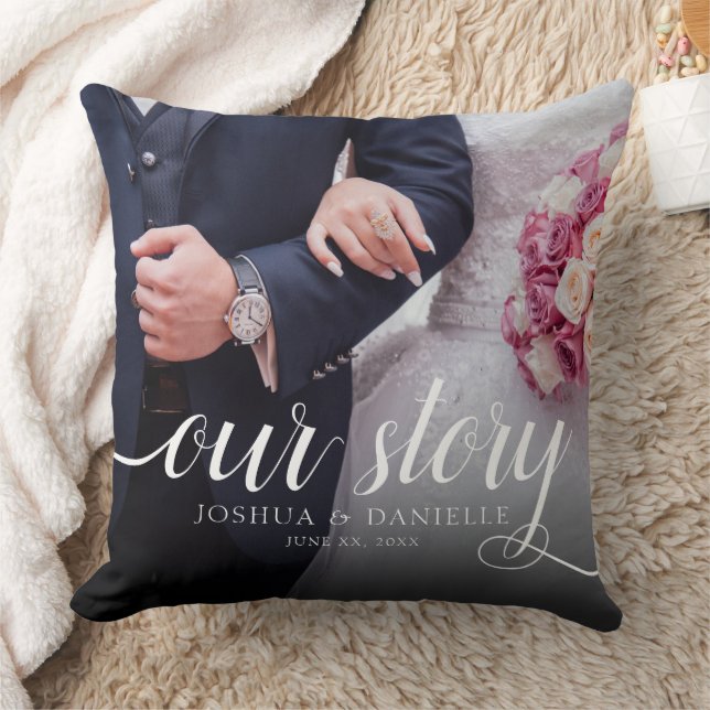 Elegant Our Story Photo Wedding Handwritten Cushion (Blanket)