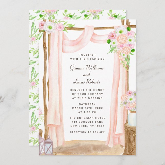 Elegant Outdoor Watercolor Pink Floral Wedding Invitation (Front/Back)