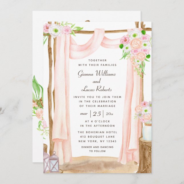 Elegant Outdoor Watercolor Pink Floral Wedding Invitation (Front/Back)