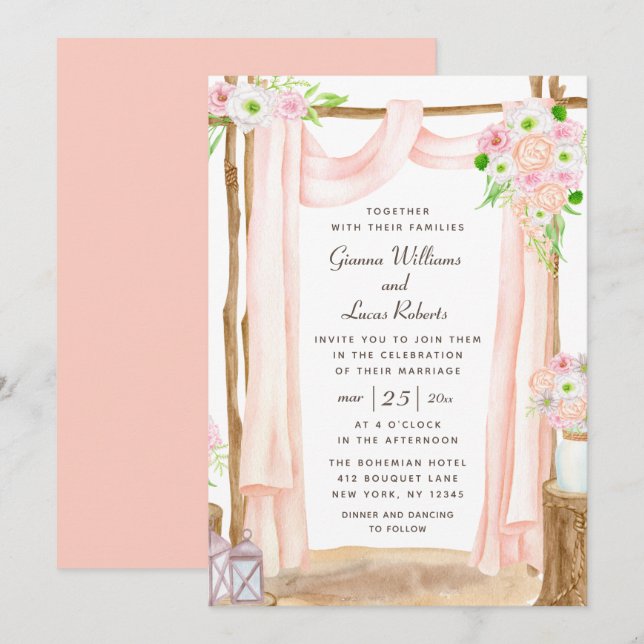 Elegant Outdoor Watercolor Pink Floral Wedding Invitation (Front/Back)