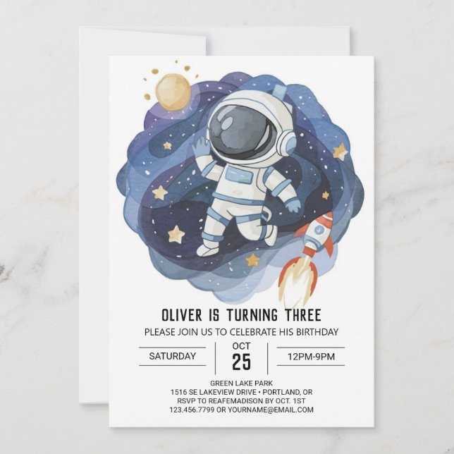  Elegant Outerspace Kids Astronaut Boy Birthday Invitation (Front)