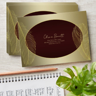 Elegant Oval Feather Red Gold Luxury Envelope 