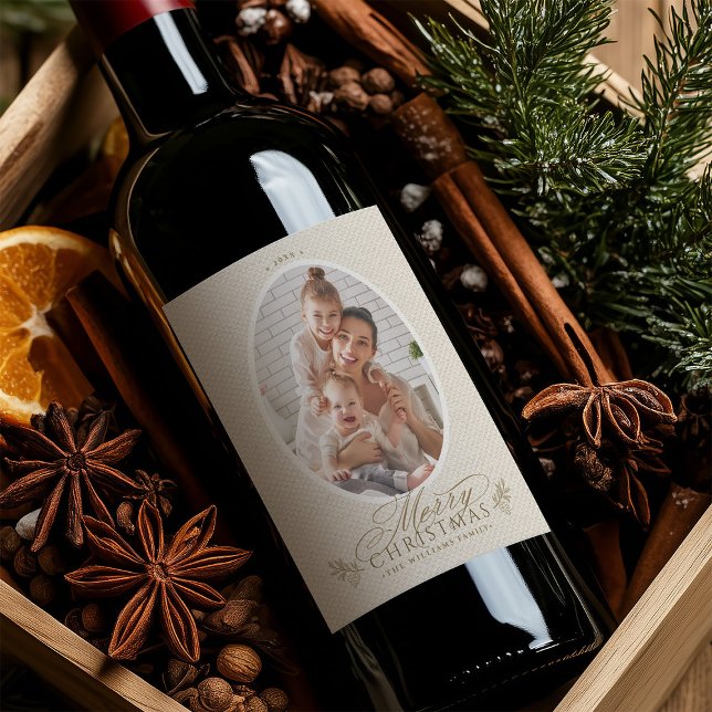 Elegant Oval Frame Merry Christmas Photo Wine Label (Creator Uploaded)