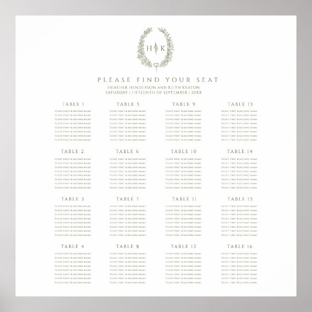 Elegant oval olive green wedding 16 tables plan poster (Front)