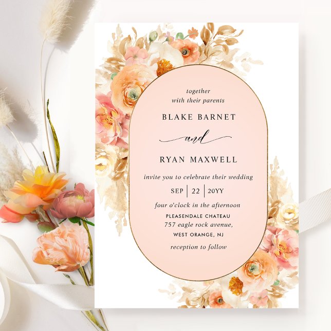 Elegant Oval Peach, Blush Pink and Coral Wedding Invitation (Creator Uploaded)