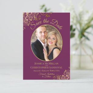 Elegant Oval Photo Gold & Magenta Purple Wedding Save The Date