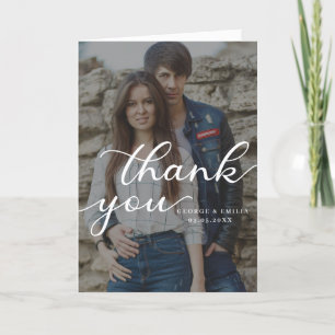 Elegant Overlay Hand Lettered Script Wedding Photo Thank You Card