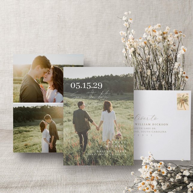 Elegant Overlay Modern Script Typography 3 Photo Save The Date (Save the Date!)
