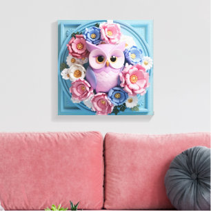 Elegant Owl Art with Floral Accents - Soft Pink Canvas Print