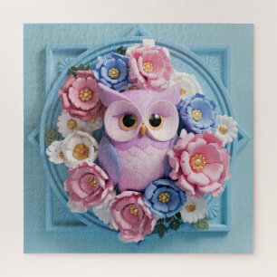 Elegant Owl Art with Floral Accents - Soft Pink  Jigsaw Puzzle