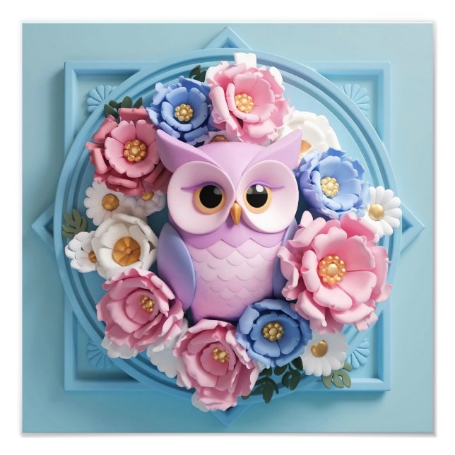 Elegant Owl Art with Floral Accents - Soft Pink  Photo Print (Front)