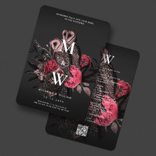 Elegant Owl Couple Gothic Wedding Dark Pink Rose  Invitation