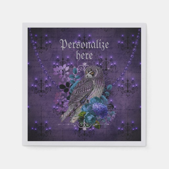 Elegant owl floral chandeliers jewel purple  napkin (Front)
