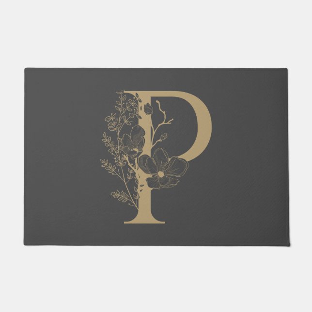 Elegant P Boho Floral Monogram Initial Grey Gold Doormat (Front)