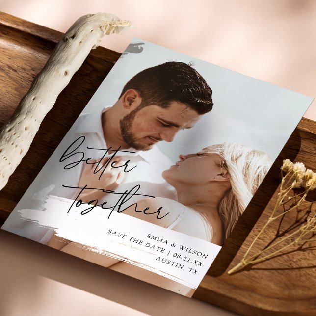 Elegant Paint Stroke Photo Wedding Save The Date (Elegant paint stroke photo wedding save the date mockup on wood with dried flowers)