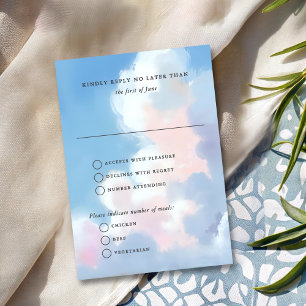 Elegant Painted Blue Sky Puffy Pink Clouds Wedding RSVP Card