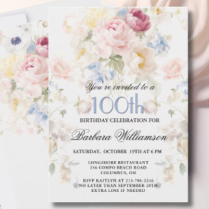 Elegant Painted Blush Rose Floral 100th Birthday  Invitation