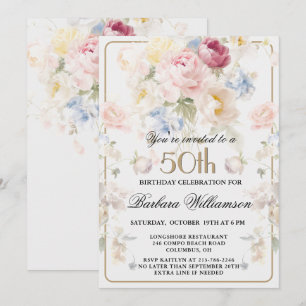 Elegant Painted Blush Rose Floral 50th Birthday Invitation