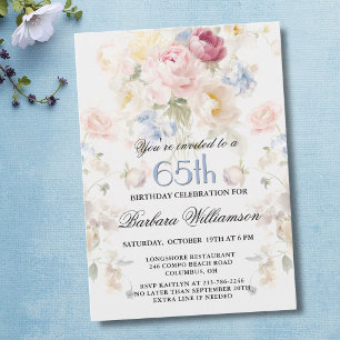 Elegant Painted Blush Rose Floral 65th Birthday Invitation