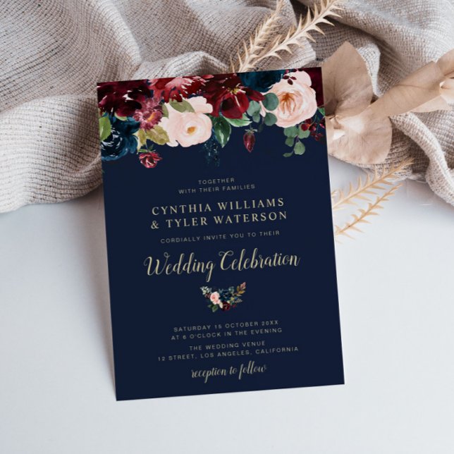 Elegant painted burgundy & Navy floral wedding Invitation (Creator Uploaded)