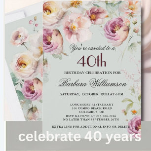 Elegant Painted Floral 40th Birthday Party Invitat Invitation