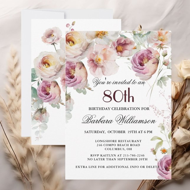 Elegant Painted Floral 80th Birthday Party Invitation (Creator Uploaded)