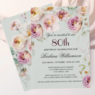 Elegant Painted Floral 80th Birthday Party Invitation