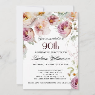 Elegant Painted Floral 90th Birthday Party Invitation