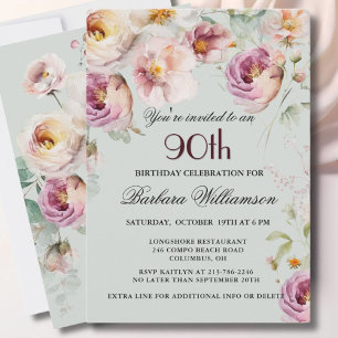 Elegant Painted Floral 90th Birthday Party Invitation