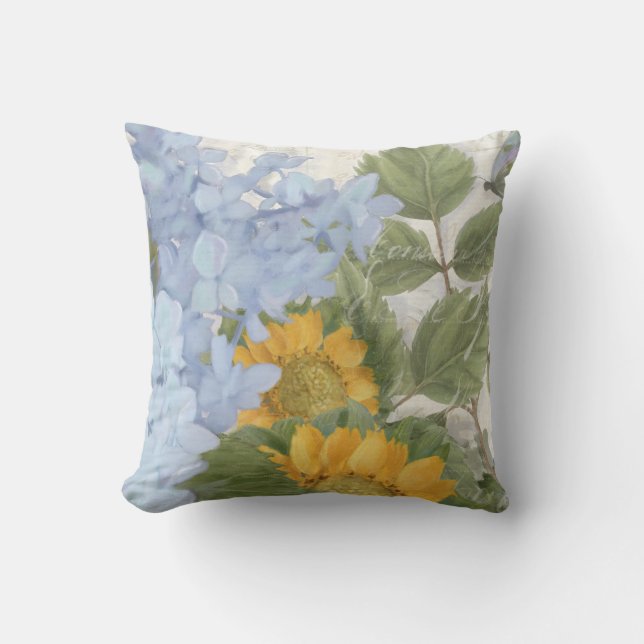 Elegant Painted Floral Blue Hydrangea Sunflowers Cushion (Front)