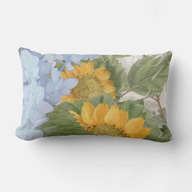 Elegant Painted Floral Sunflowers Blue Hydrangea Lumbar Cushion (Front)