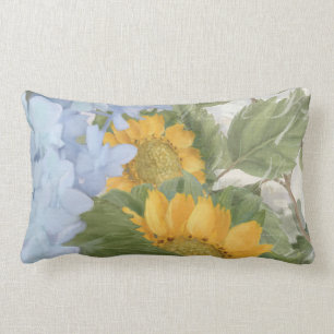 Elegant Painted Floral Sunflowers Blue Hydrangea Lumbar Cushion