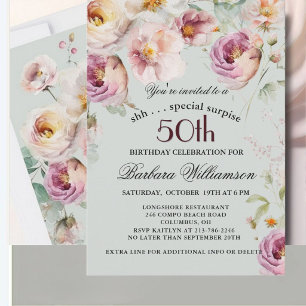 Elegant Painted Floral Surprise 50th Birthday Invitation