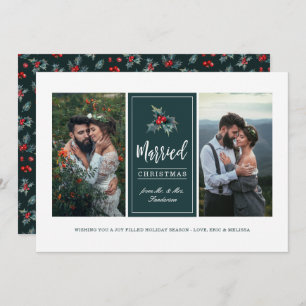 Elegant Painted Holly Married Christmas Photo Holiday Card