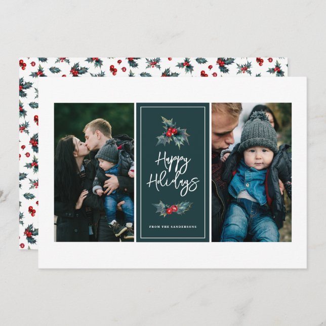 Elegant Painted Holly Two Photo Happy Holidays  Holiday Card (Front/Back)